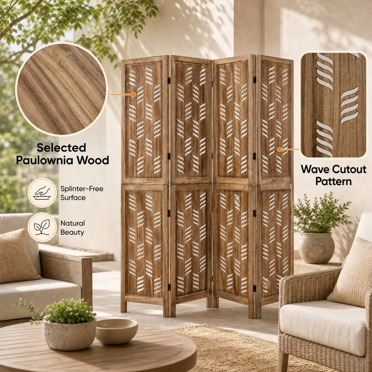 4-Panel Room Divider with Wave Cutout & Paulownia Frame by DirectDeals