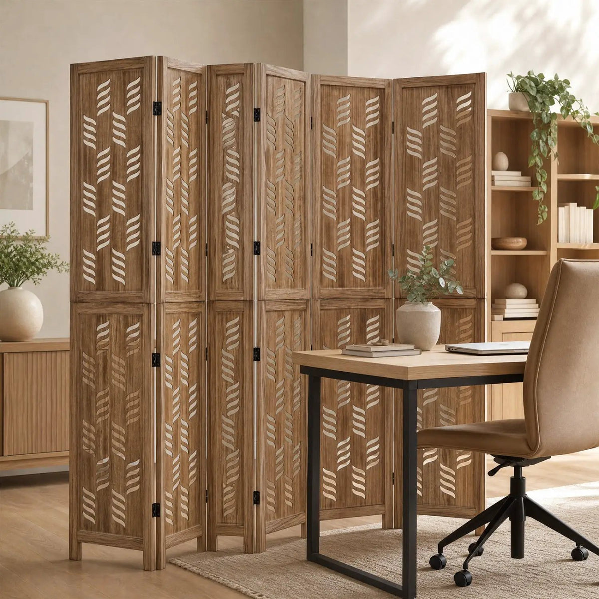 6-Panel Room Divider with Wave Cutout - 95" Paulownia Wood by DirectDeals