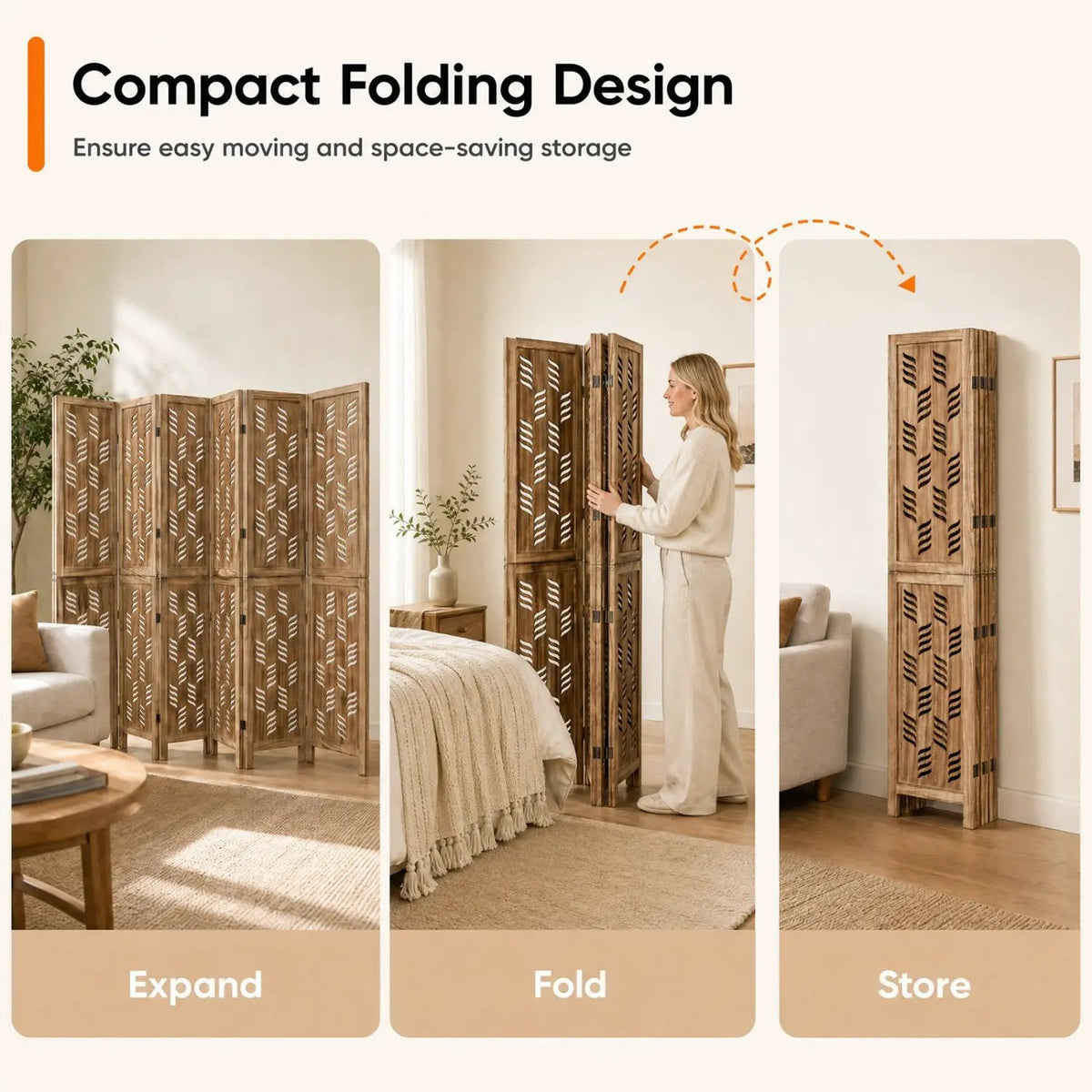 6-Panel Room Divider with Wave Cutout - 95" Paulownia Wood by DirectDeals