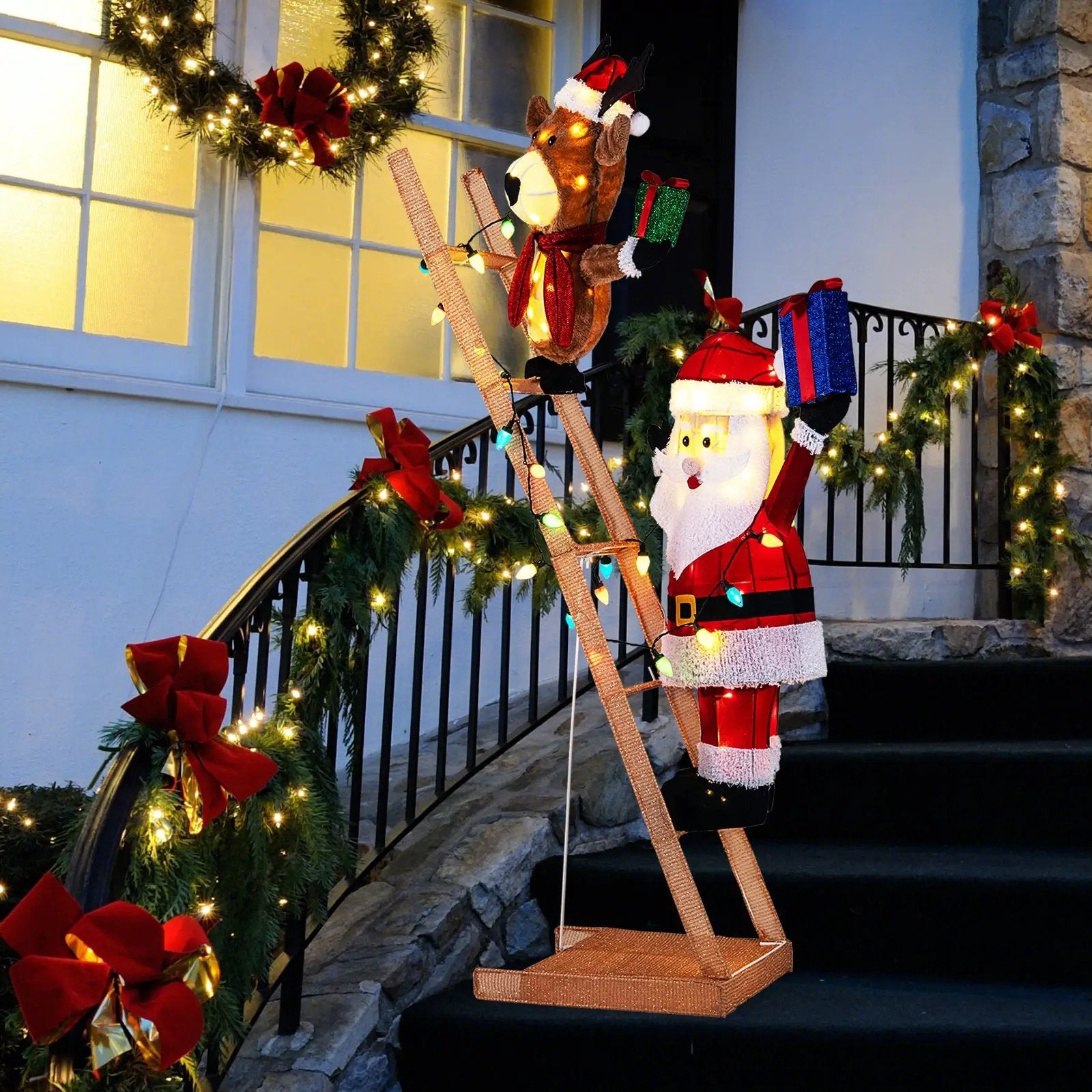 5.5 Feet Christmas Lighted Reindeer and Santa Claus on Ladder with 100 LED Lights by DirectDeals