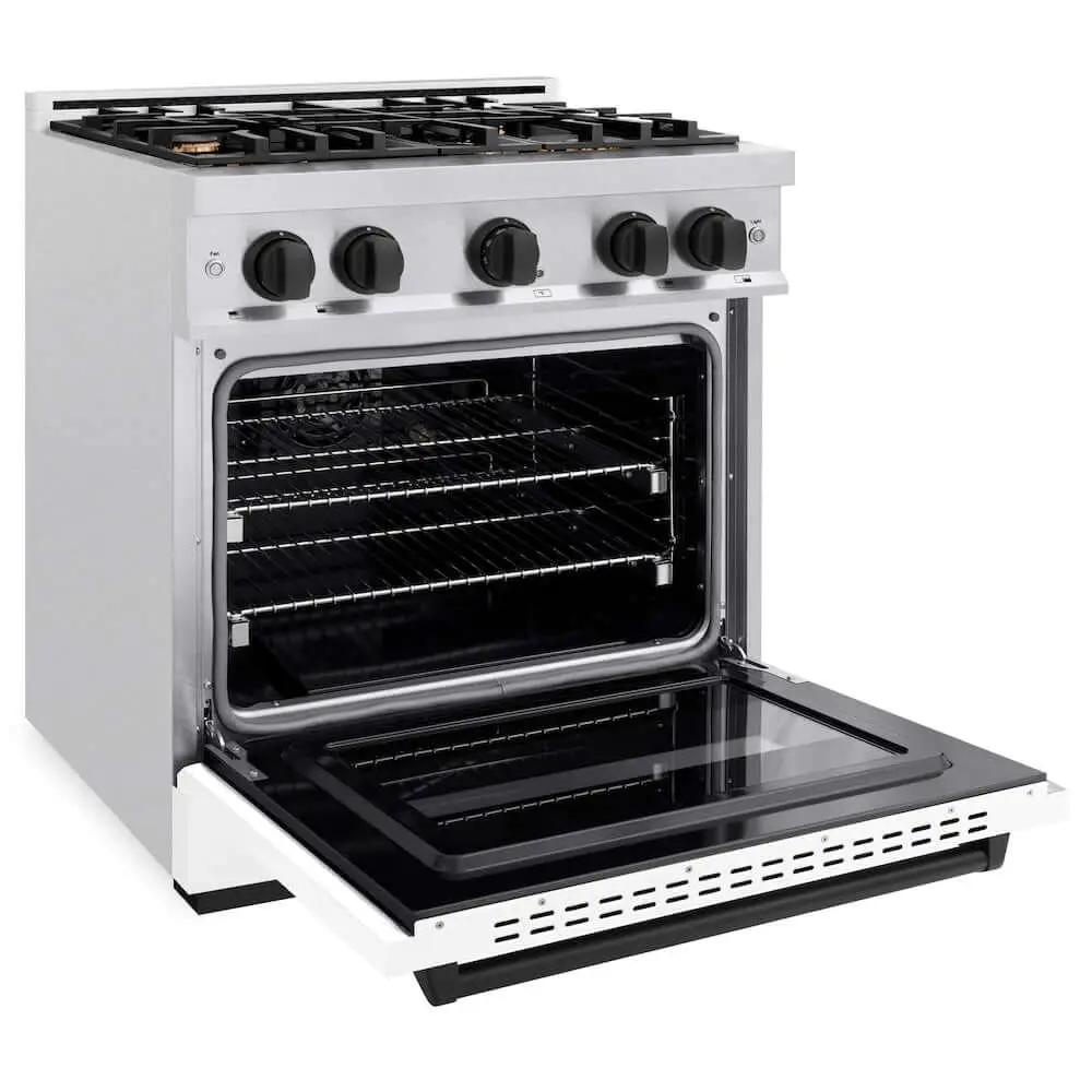 ZLINE 30"Classic Gas Range, Convection Gas Oven, DuraSnow® Stainless Steel, White Matte Door Matte Black CGRSZ-WM-30-MB by Farmhouse Kitchen and Bath