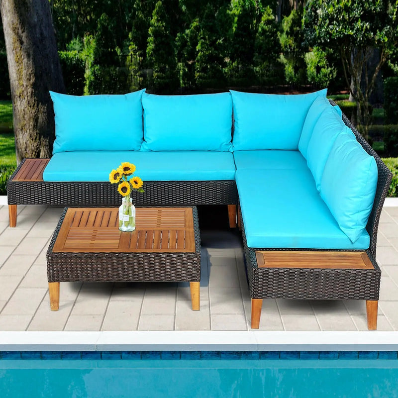 4 Pieces Patio Cushioned Rattan Furniture Set with Wooden Side Table by DirectDeals