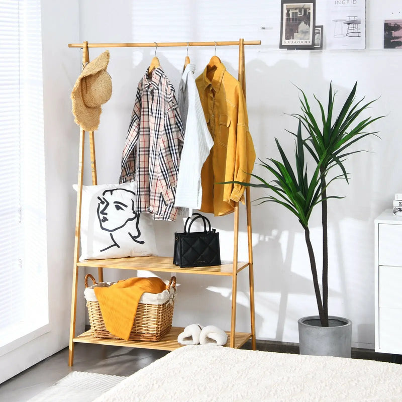 Bamboo Clothes Hanging Rack with 2-Tier Storage Shelf for Entryway Bedroom-Natural by DirectDeals
