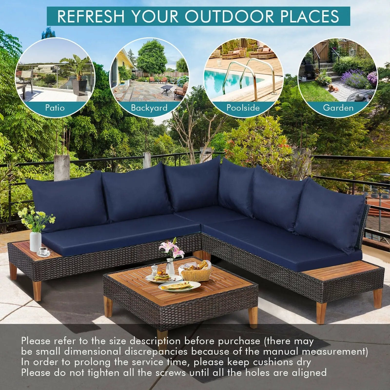 4 Pieces Patio Cushioned Rattan Furniture Set with Wooden Side Table by DirectDeals