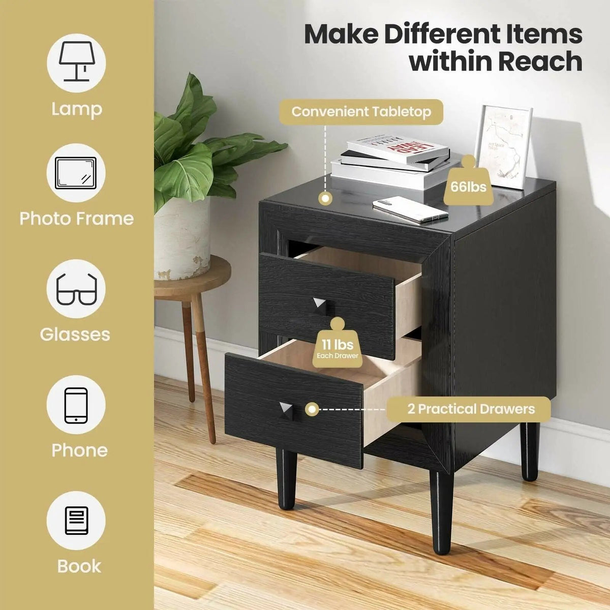 2PCS Nightstand W/2 Drawer Multipurpose by DirectDeals