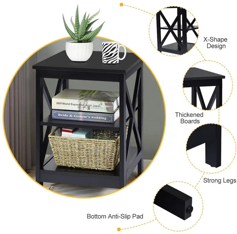 3-Tier X-Design Nightstands with Storage Shelves for Living Room Bedroom by DirectDeals