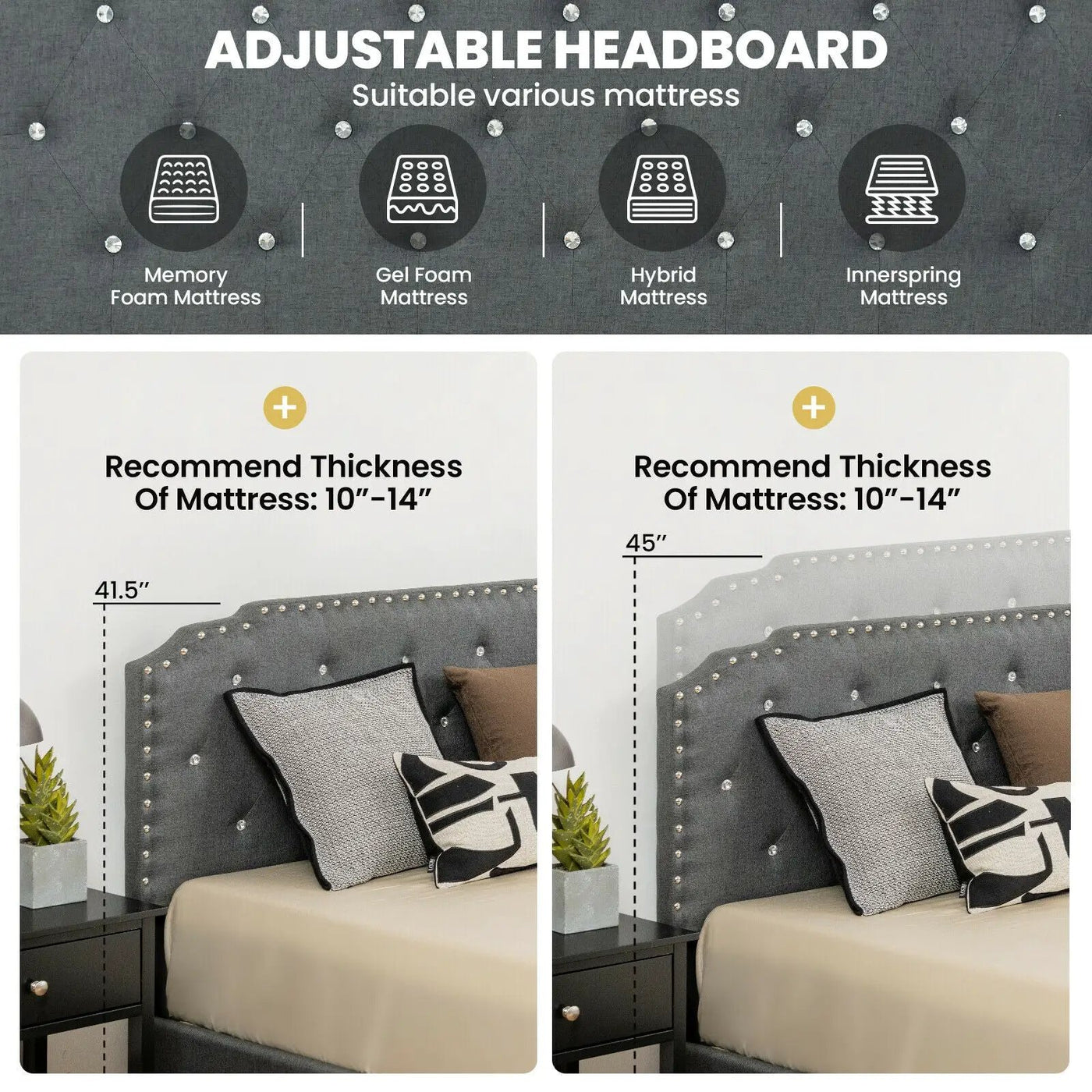 Upholstered Bed Frame with Adjustable Diamond Button Headboard by DirectDeals