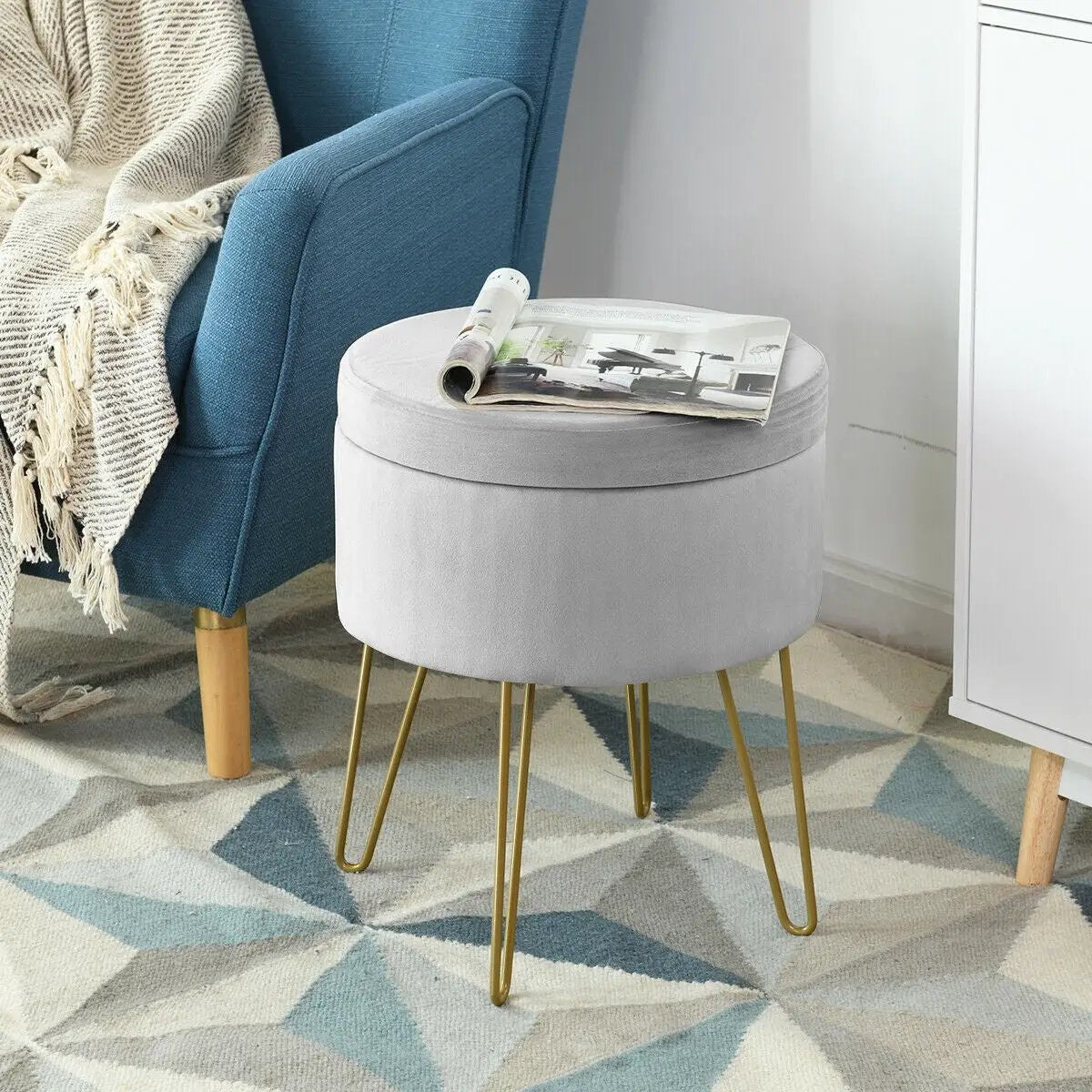 Round Velvet Storage Ottoman Footrest Stool Vanity Chair with Metal Legs by DirectDeals