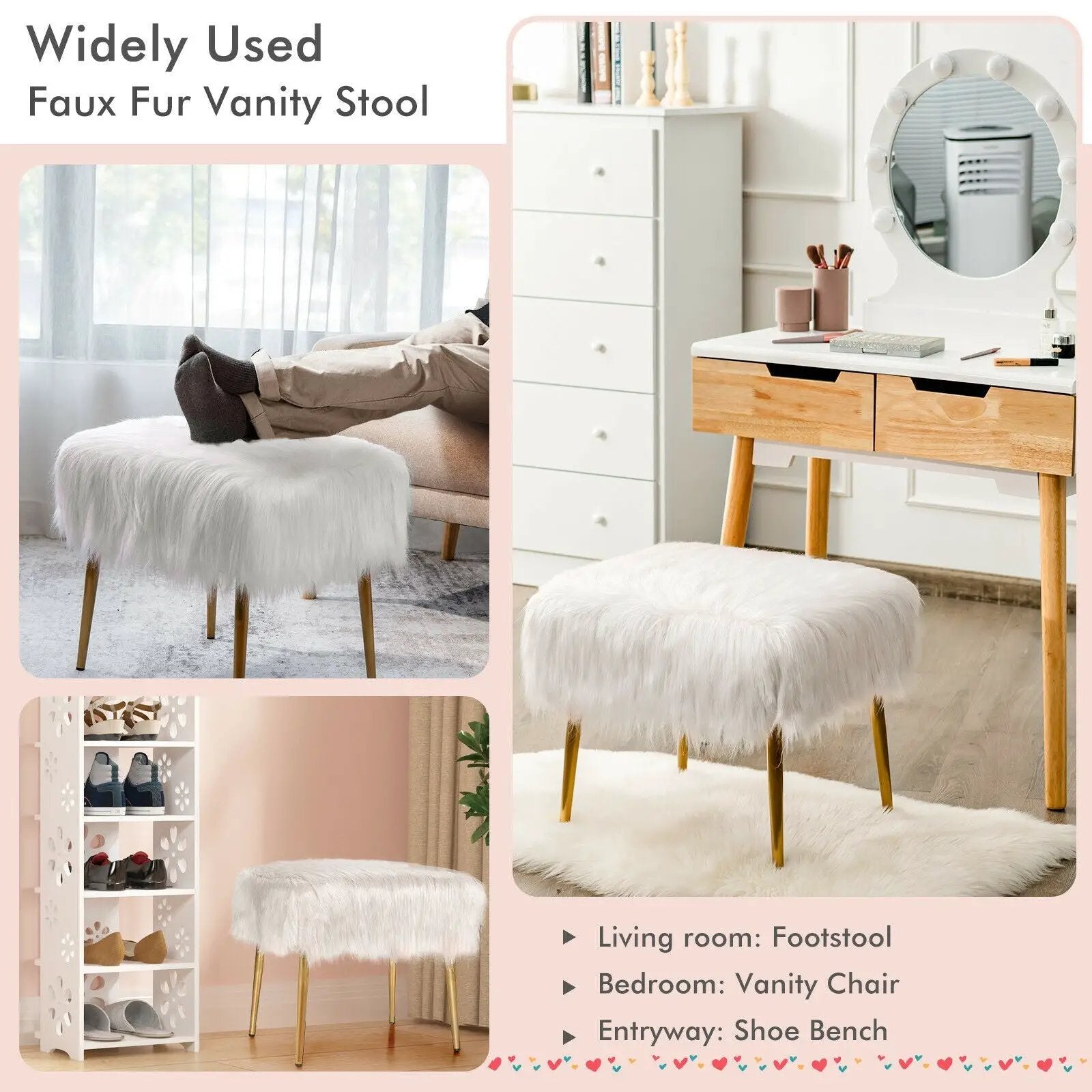 Faux Fur Vanity Stool with Golden Metal Legs for Makeup Room by DirectDeals