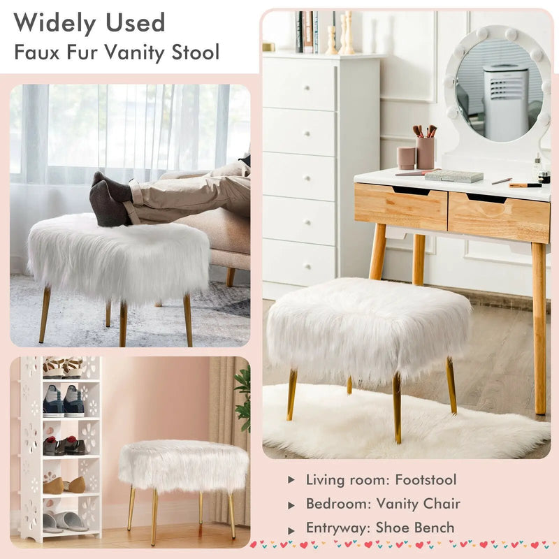 Faux Fur Vanity Stool with Golden Metal Legs for Makeup Room by DirectDeals