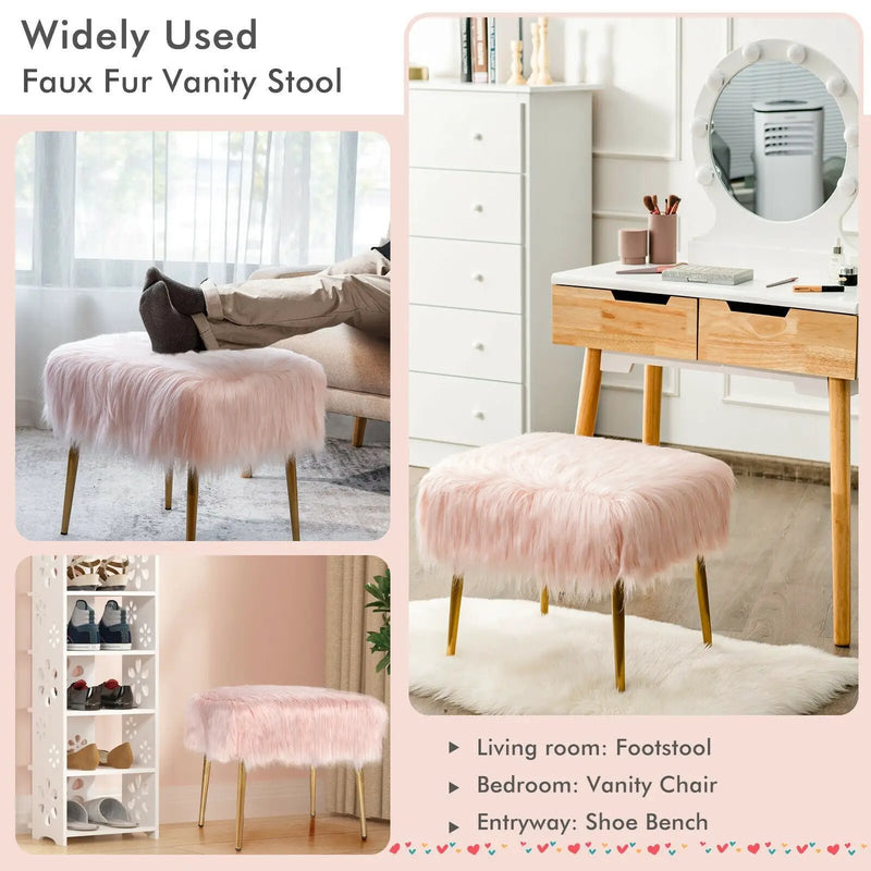 Faux Fur Vanity Stool with Golden Metal Legs for Makeup Room by DirectDeals