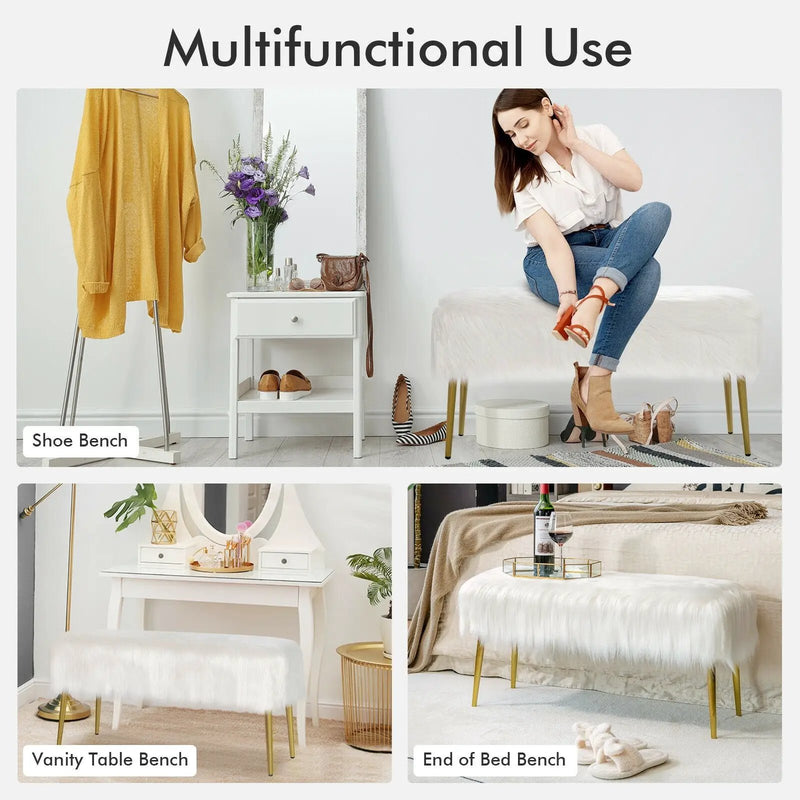 Upholstered Faux Fur Vanity Stool with Golden Legs for Makeup Room by DirectDeals