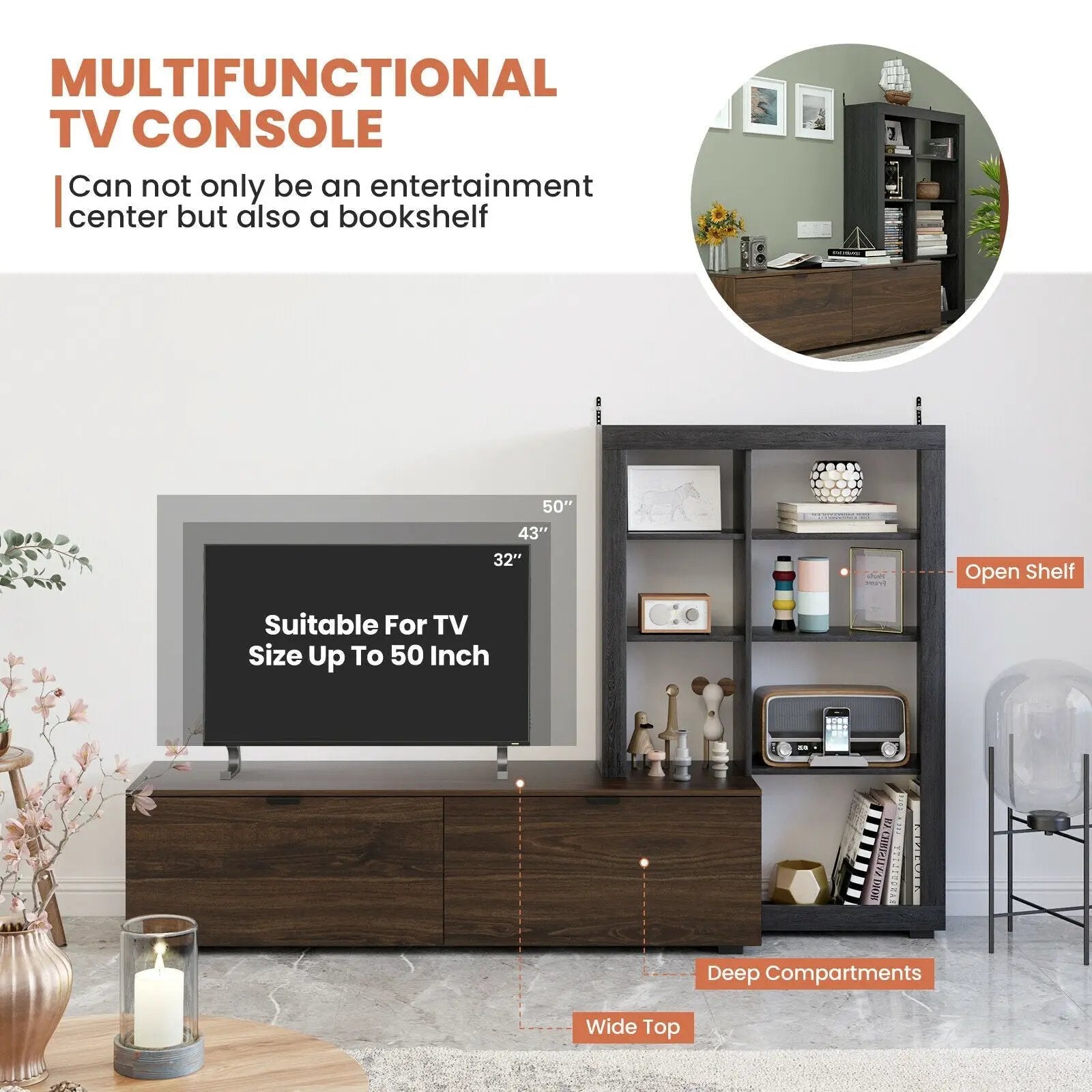 2-In-1 TV Stand with 4-tier Bookshelf for TVs up to 50 Inch by DirectDeals