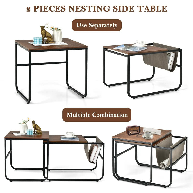 Set of 2 Nesting Coffee Tables with Side Pocket for Living Room Bedroom-Rustic Brown by DirectDeals