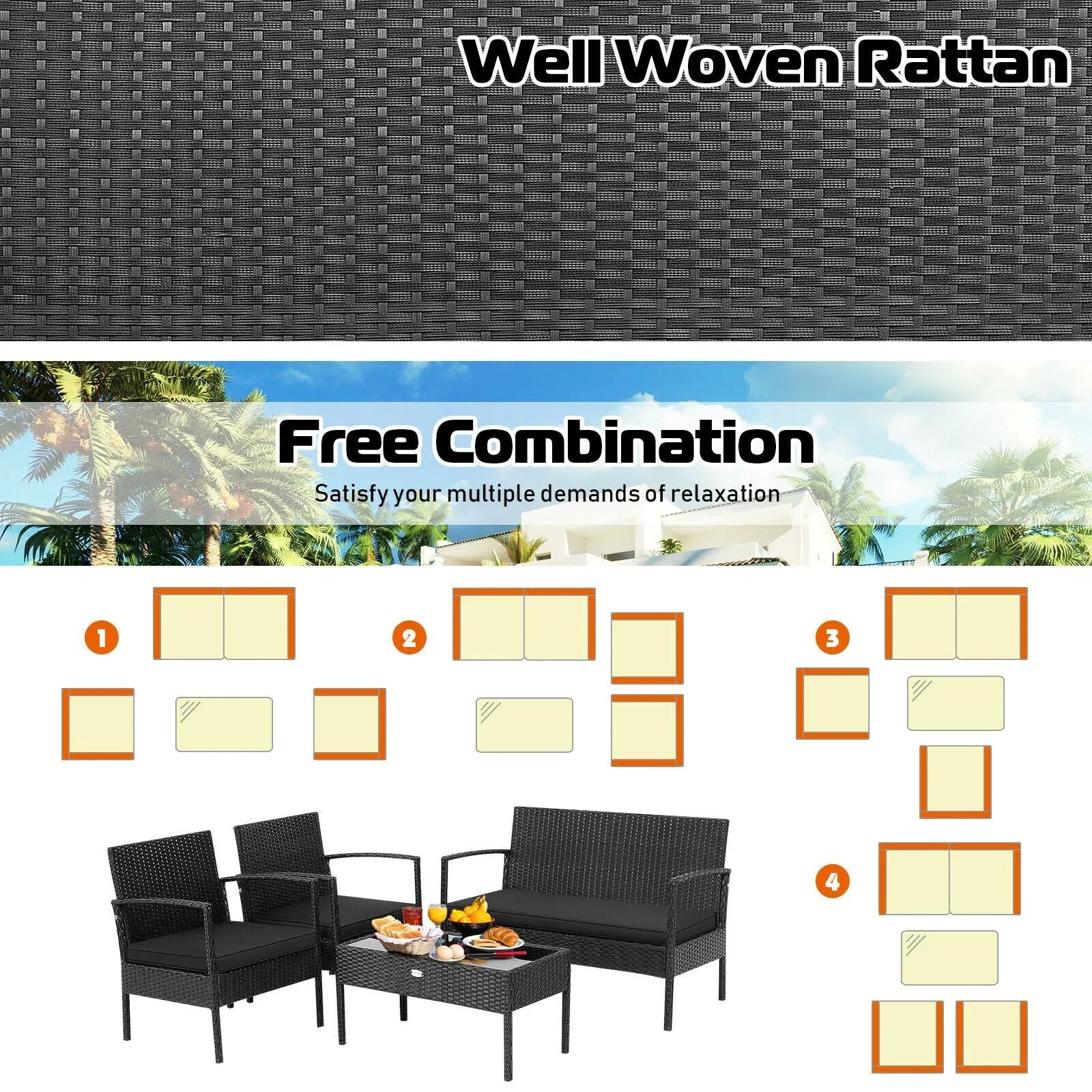 4 Pieces Patio Rattan Furniture Set with Cushion by DirectDeals
