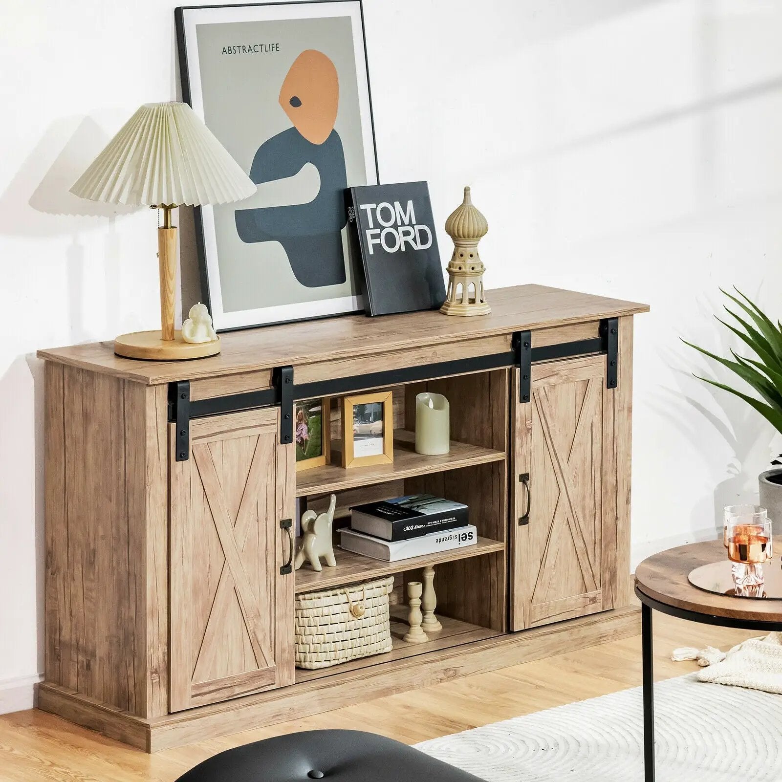 55 Inch Sliding Barn Door TV Stand with Adjustable Shelves for TVs up to 65 Inch-Natural by DirectDeals