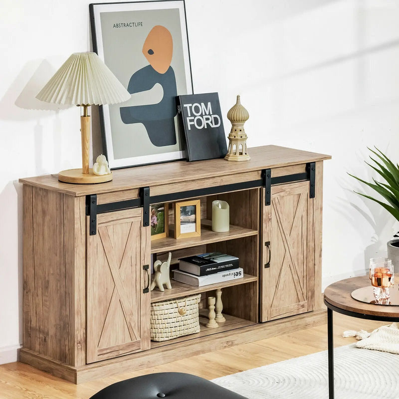 55 Inch Sliding Barn Door TV Stand with Adjustable Shelves for TVs up to 65 Inch-Natural by DirectDeals