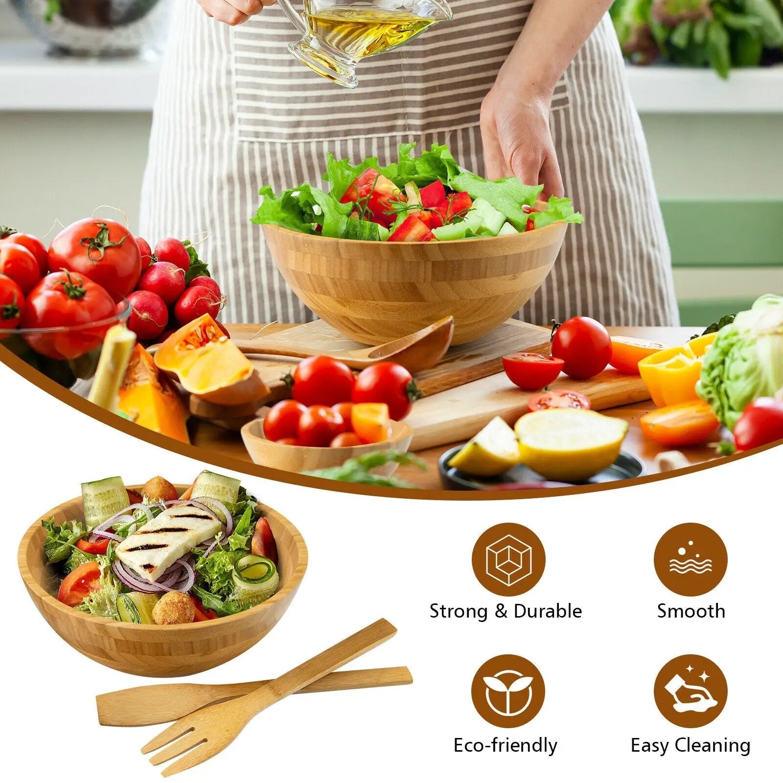 8 Pieces Bamboo Salad Bowl Set with Server Utensils-Natural by DirectDeals