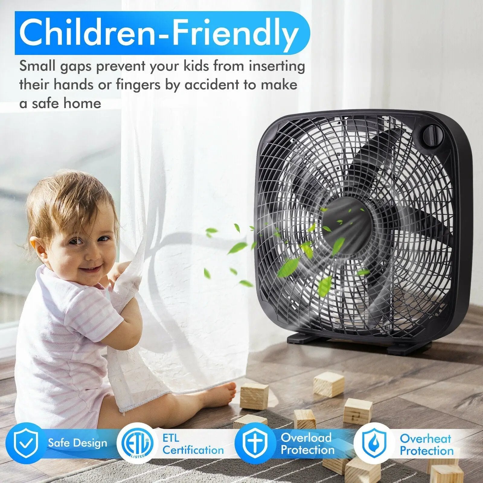 20 Inch Box Portable Floor Fan with 3 Speed Settings and Knob Control-Black by DirectDeals