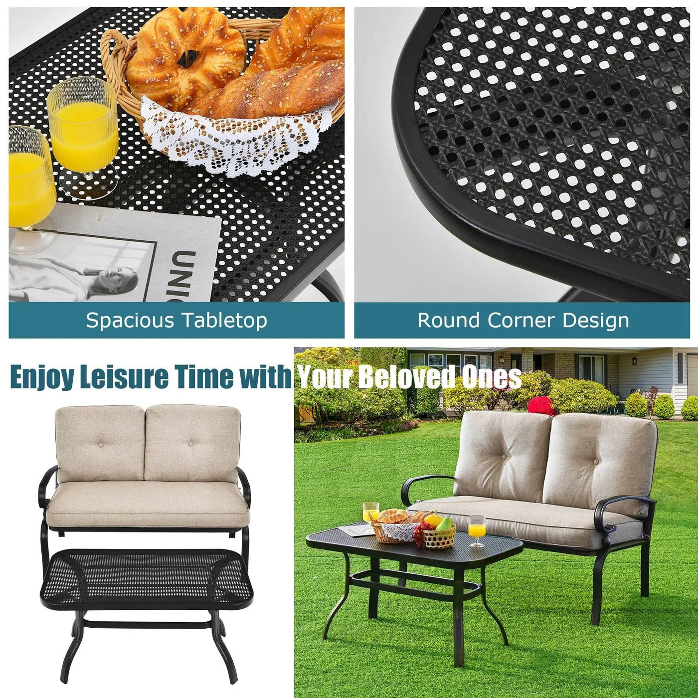 2 Pieces Patio Loveseat Bench Table Furniture Set with Cushioned Chair-Blue by DirectDeals