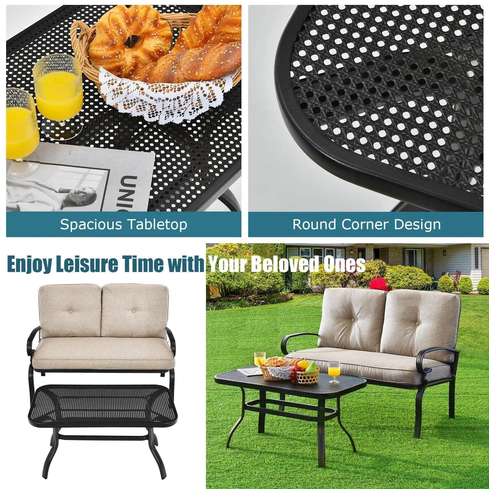 2 Pieces Patio Loveseat Bench Table Furniture Set with Cushioned Chair-Blue by DirectDeals