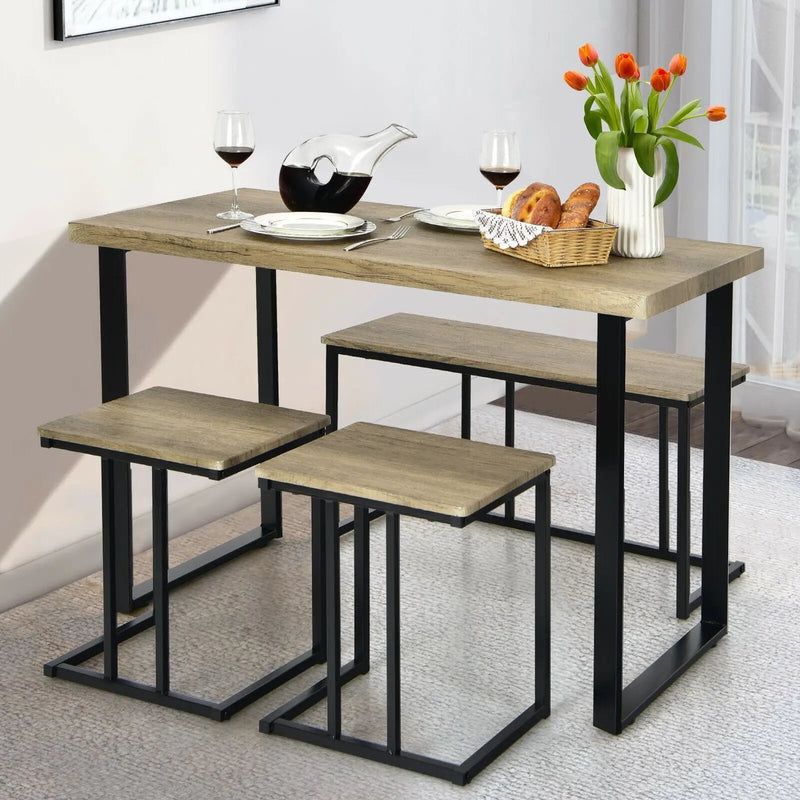 4 Pieces Industrial Dinette Set with Bench and 2 Stools-Oak by DirectDeals