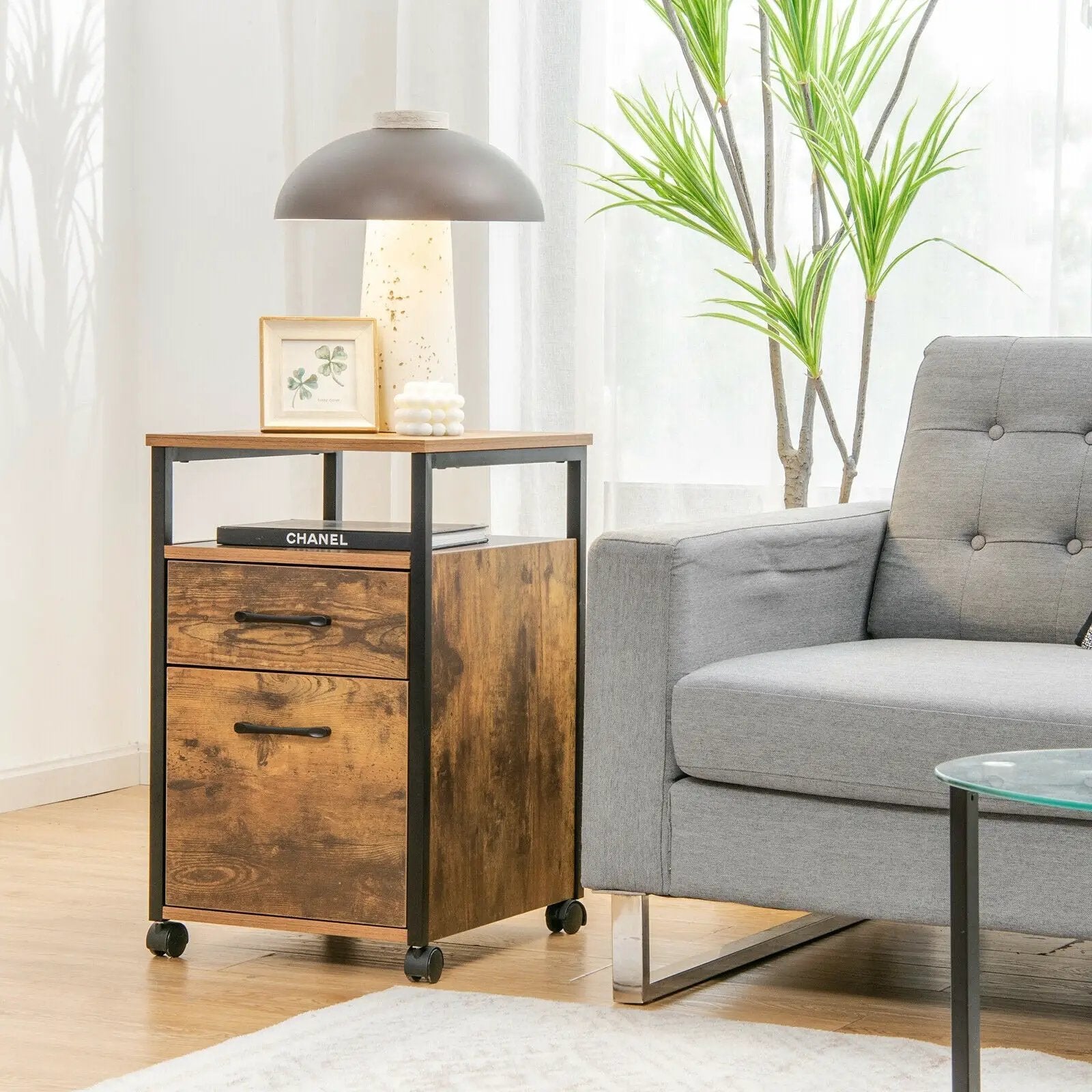 2 Drawer Mobile File Cabinet Printer Stand with Open Shelf for Letter Size-Rustic Brown by DirectDeals