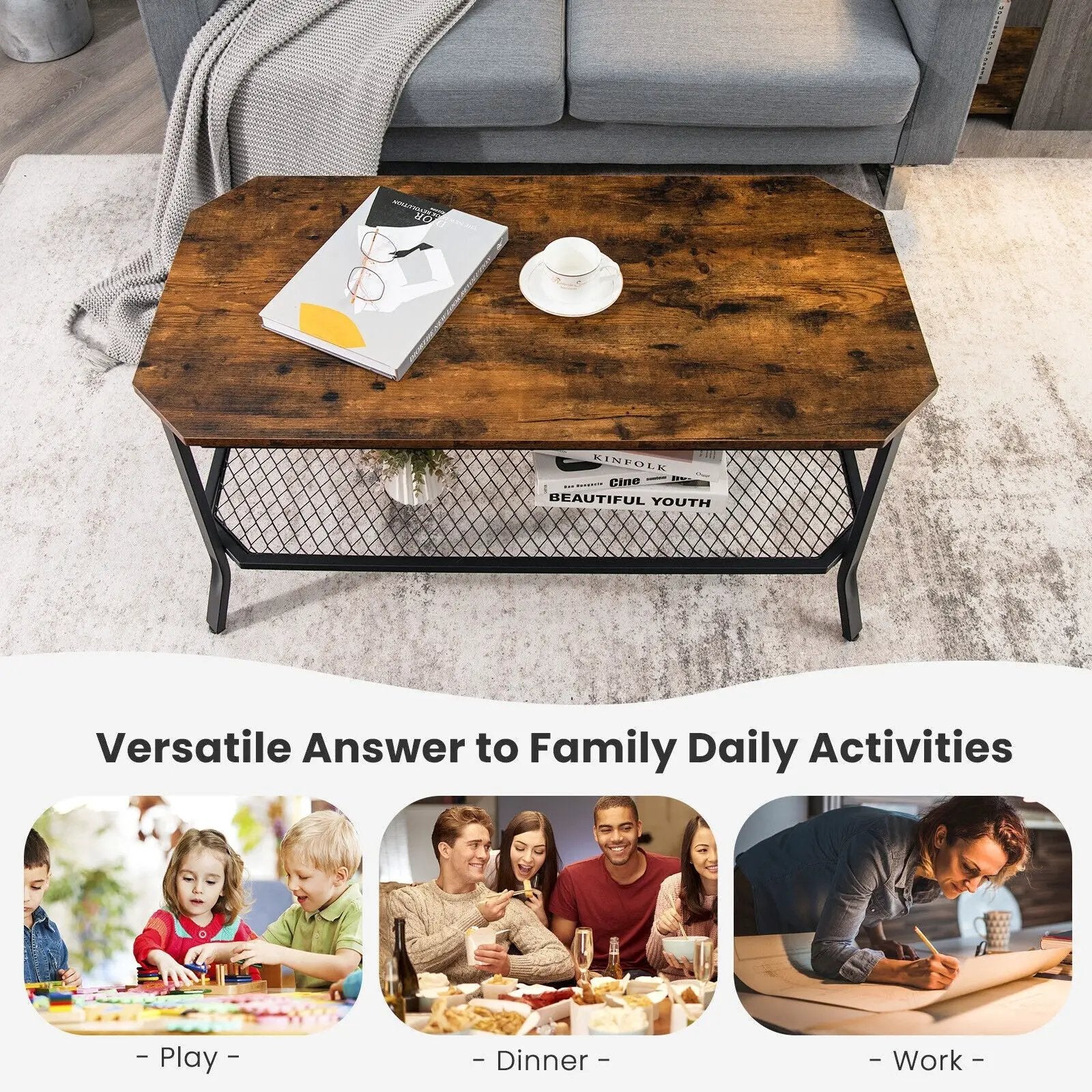 2-Tier Industrial Coffee Table with Open Mesh Storage Shelf for Living Room-Rustic Brown by DirectDeals