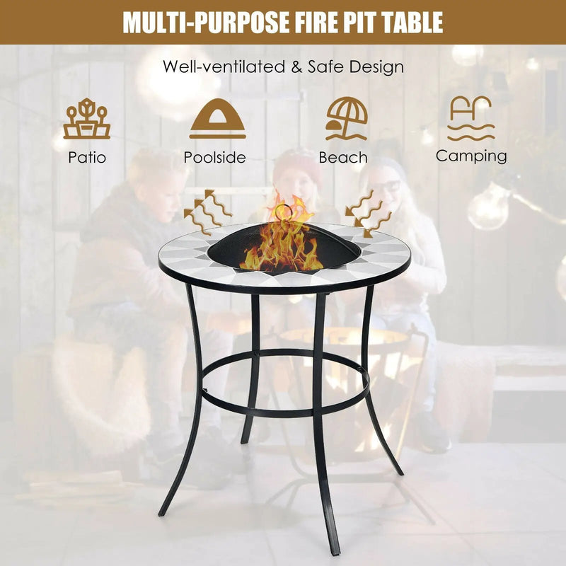 23.5 Inches Round Fire Pit Table with Mesh Cover and Fire Poker by DirectDeals