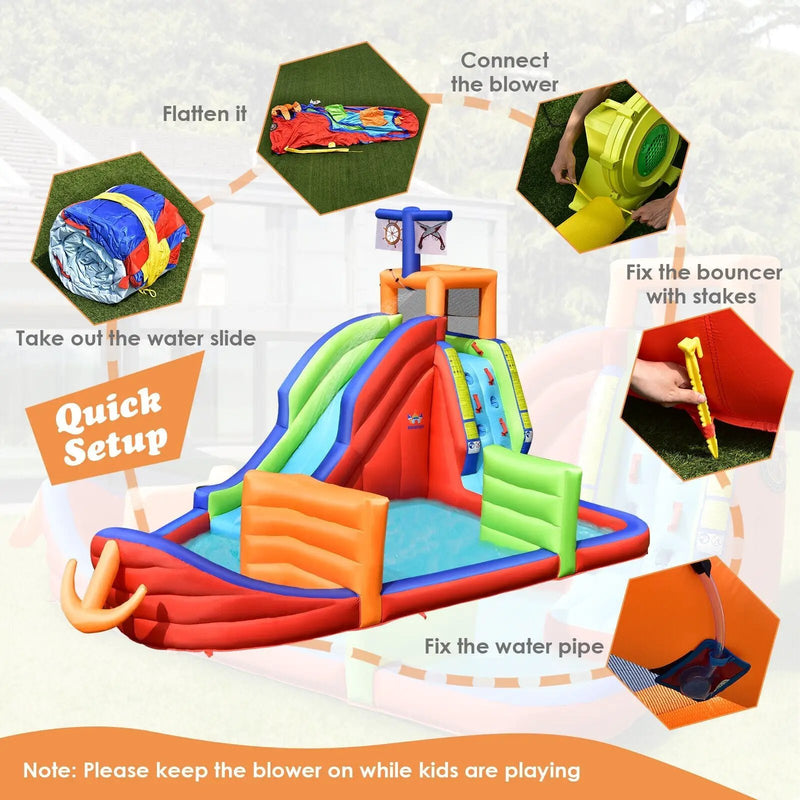 6-in-1 Pirate Ship Waterslide Kid Inflatable Castle with Water Guns and 735W Blower by DirectDeals
