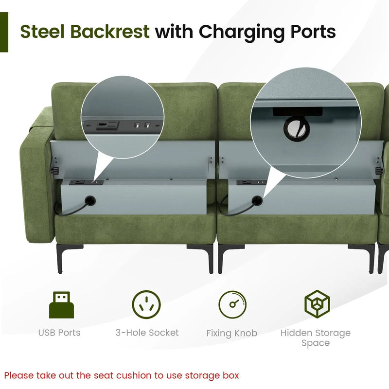 Modular L-shaped 4-Seat Sectional Sofa with Reversible Chaise and 2 USB Socket by DirectDeals
