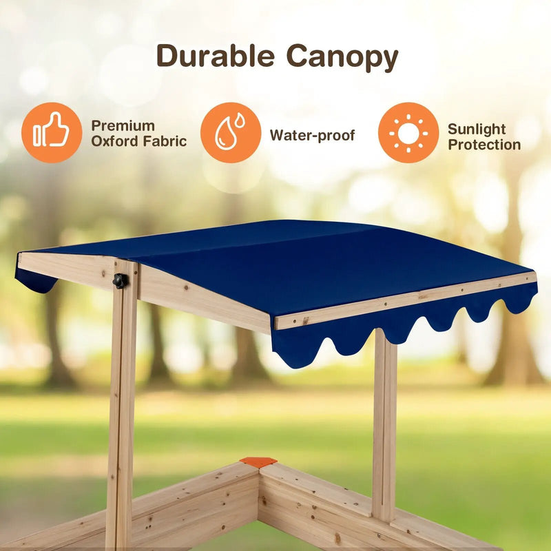 Kids Wooden Sandbox with Height Adjustable and Rotatable Canopy Outdoor Playset by DirectDeals