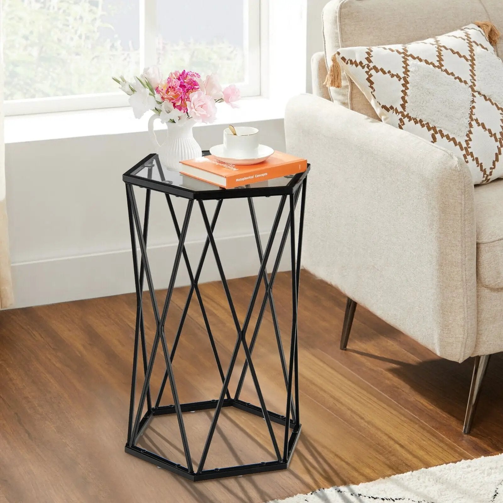 Hexagonal Accent End Table with Tempered Glass Top and Metal Frame by DirectDeals