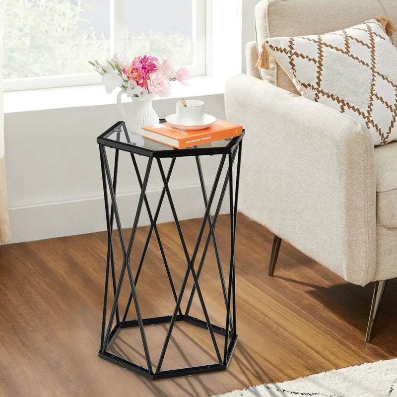 Hexagonal Accent End Table with Tempered Glass Top and Metal Frame by DirectDeals