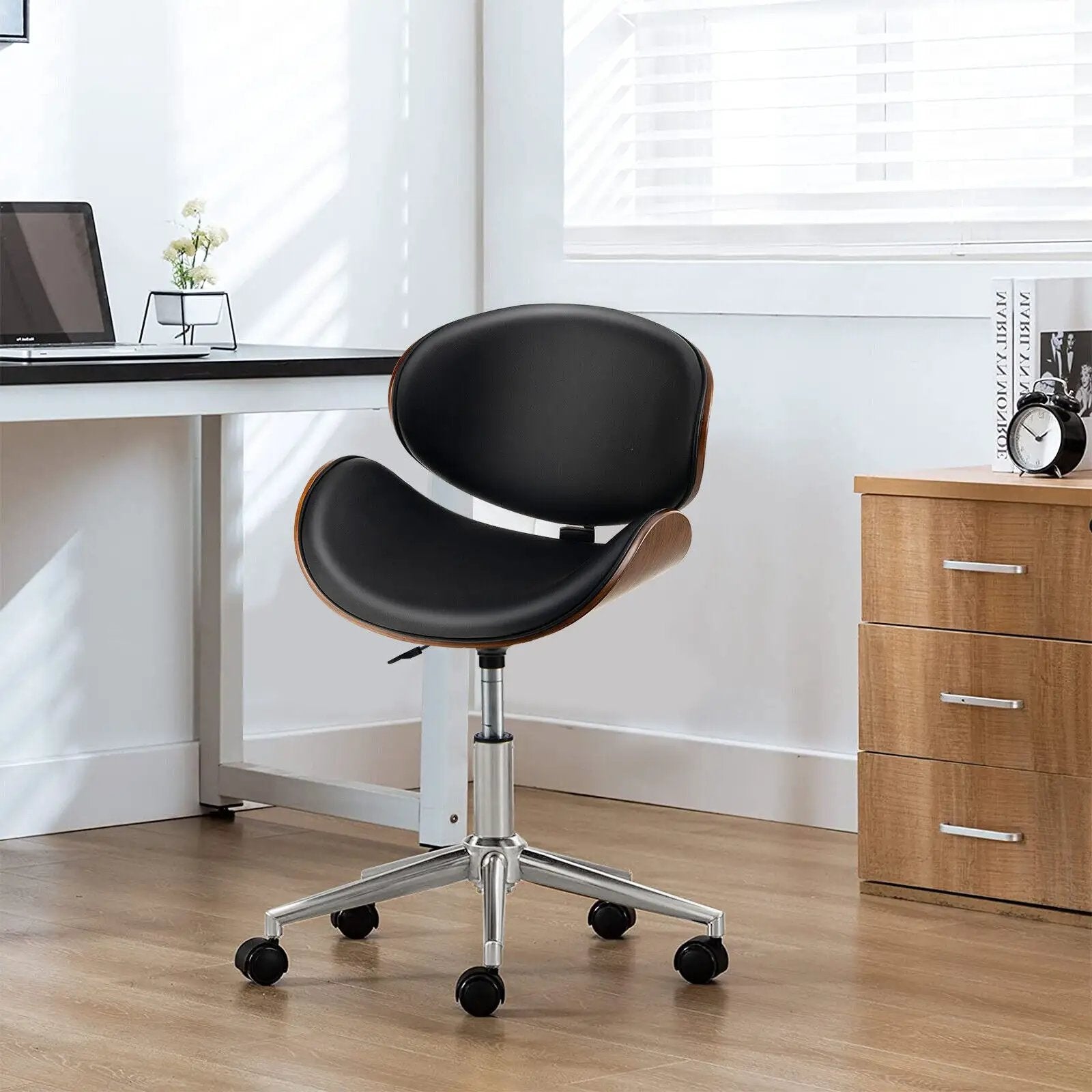 Adjustable Leather Office Chair Swivel Bentwood Desk Chair with Curved Seat-Black by DirectDeals