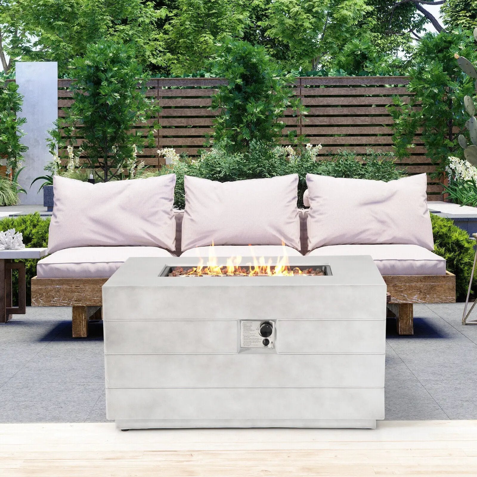 43 Inch Rectangular Concrete Propane Fire Pit Table with Lava Rocks and Cover 50 000 BTU-Gray by DirectDeals