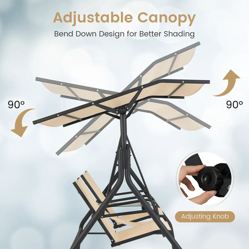 2-Seat Outdoor Cushioned Porch Swing with Adjustable Canopy and Tempered Glass Table-Beige by DirectDeals