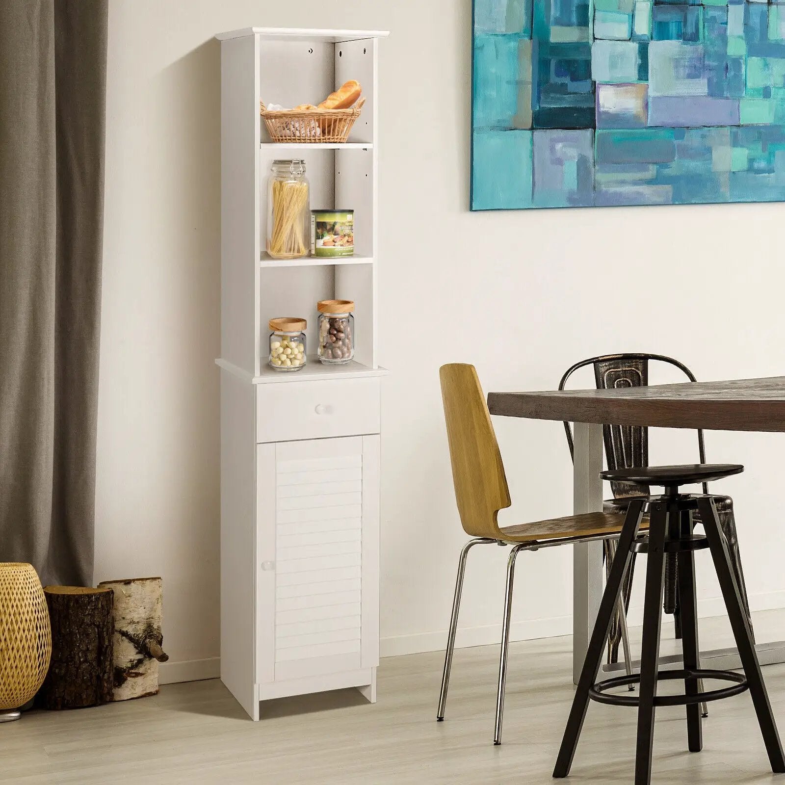 Bathroom Tall Freestanding Storage Cabinet with Open Shelves and Drawer-White by DirectDeals