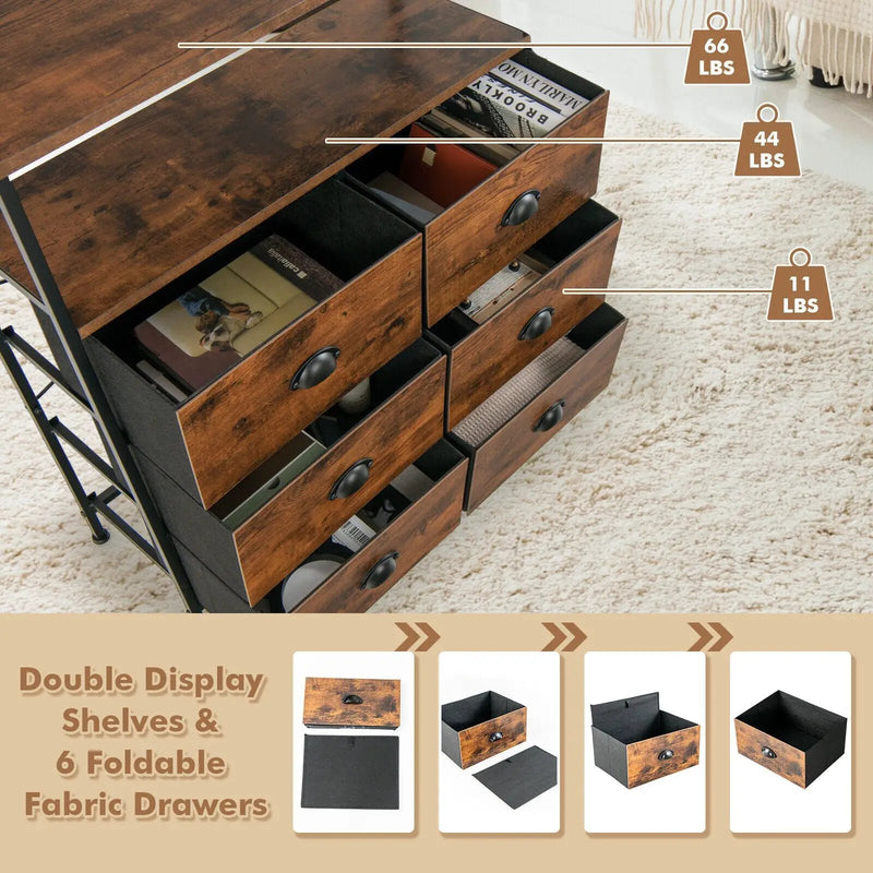 2-Tier Storage Chest with Wooden Top and 6 Fabric Drawers-Rustic Brown by DirectDeals