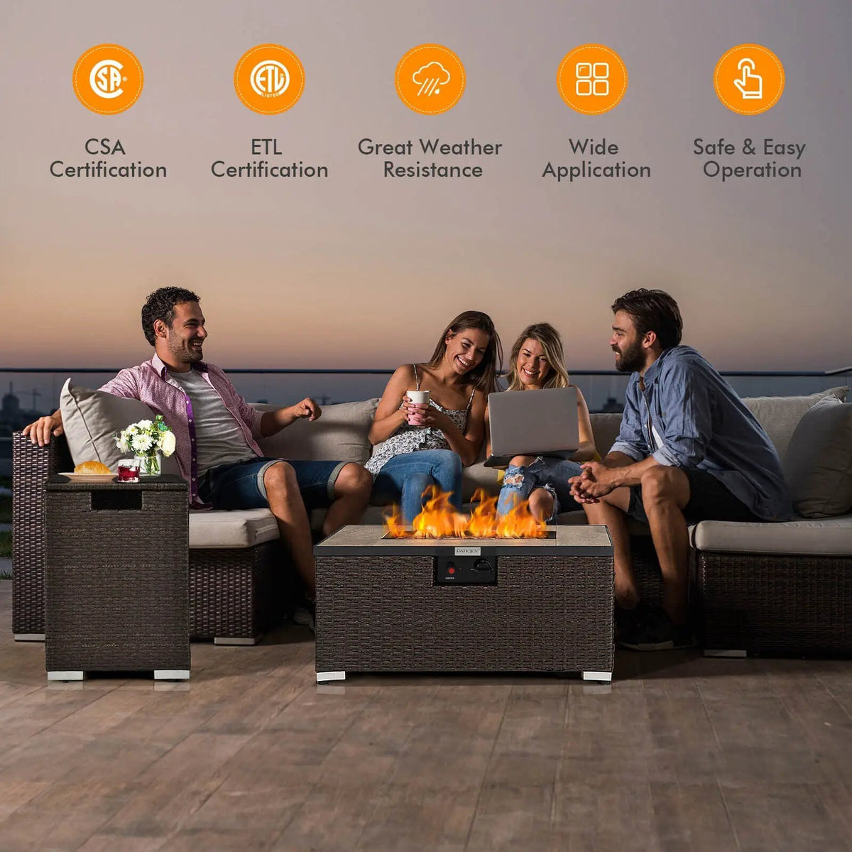32 x 20 Inch Propane Rattan Fire Pit Table Set with Side Table Tank and Cover by DirectDeals