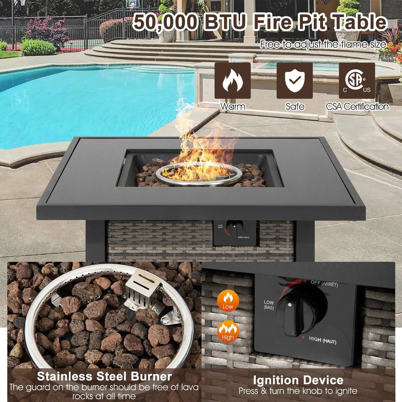 32 Inch Square Propane Fire Pit Table with Lava Rocks Cover by DirectDeals