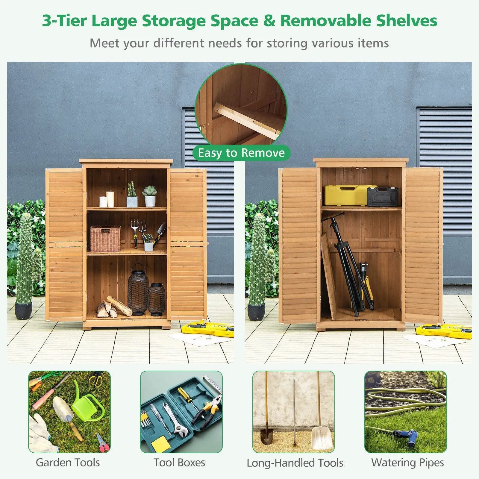 Outdoor Wooden Garden Tool Storage Cabinet-Natural by DirectDeals
