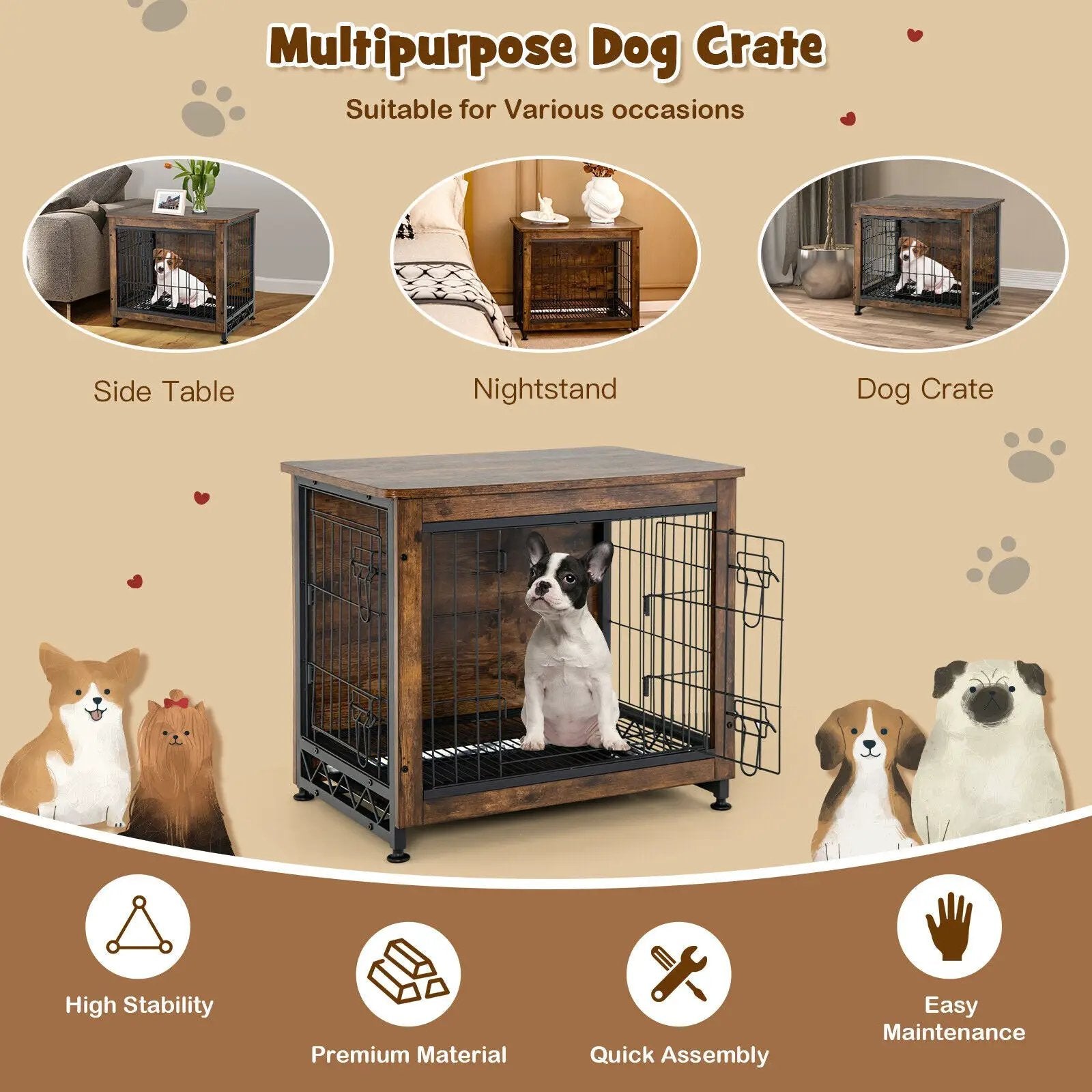 Wooden Dog Crate Furniture with Tray and Double Door-Brown by DirectDeals