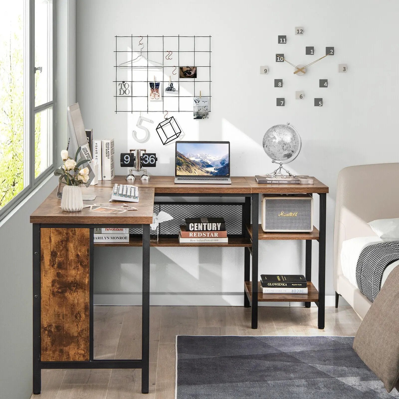 Industrial L-Shaped Corner Computer Desk Office Workstation with Storage Shelves by DirectDeals