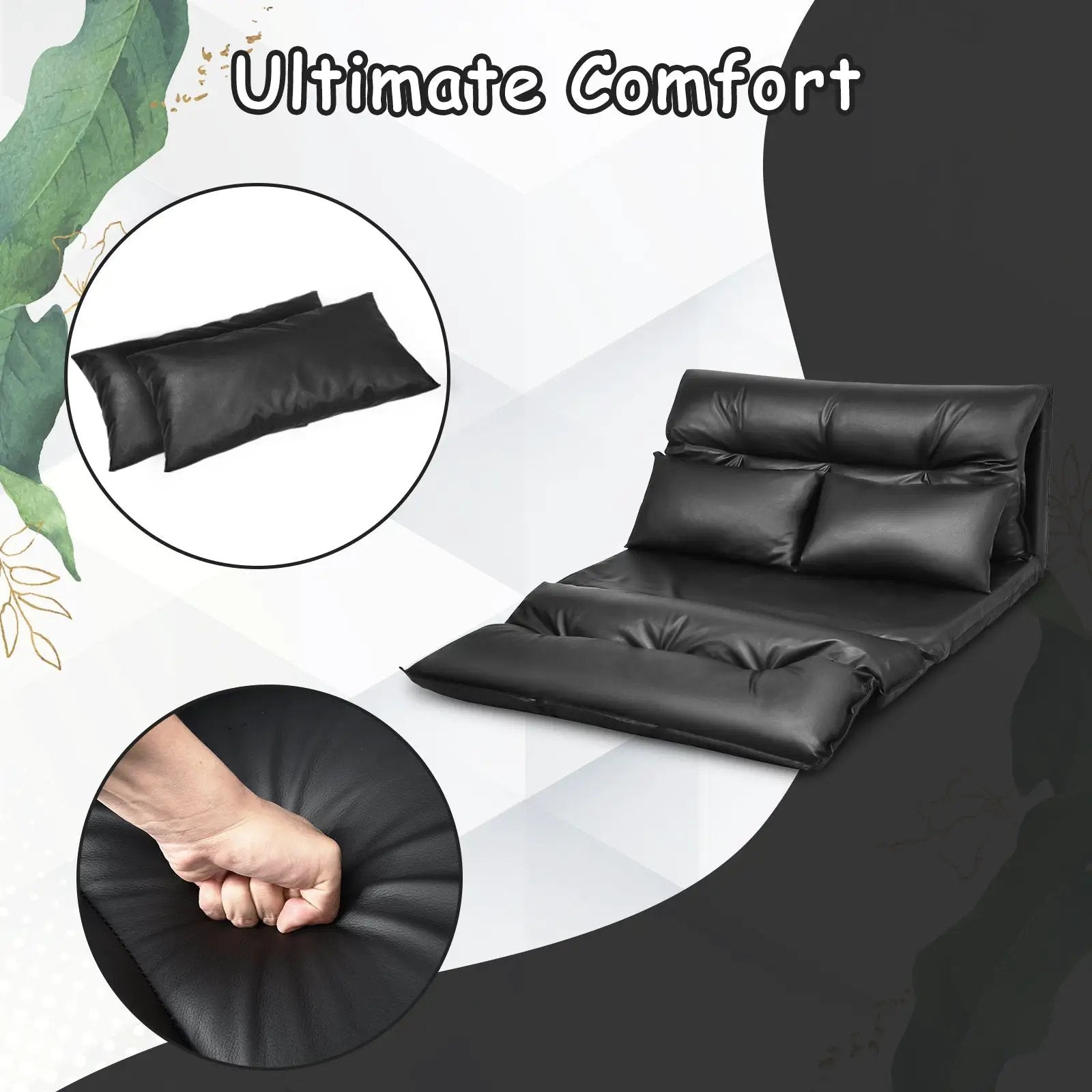 Foldable PU Leather Leisure Floor Sofa Bed with 2 Pillows-Black by DirectDeals