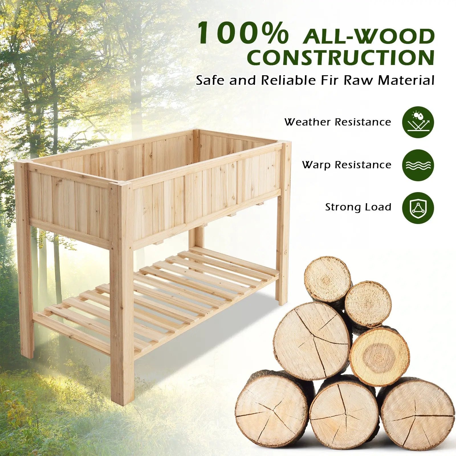 47 Inch Wooden Raised Garden Bed with Bottom Shelf and Bed Liner by DirectDeals