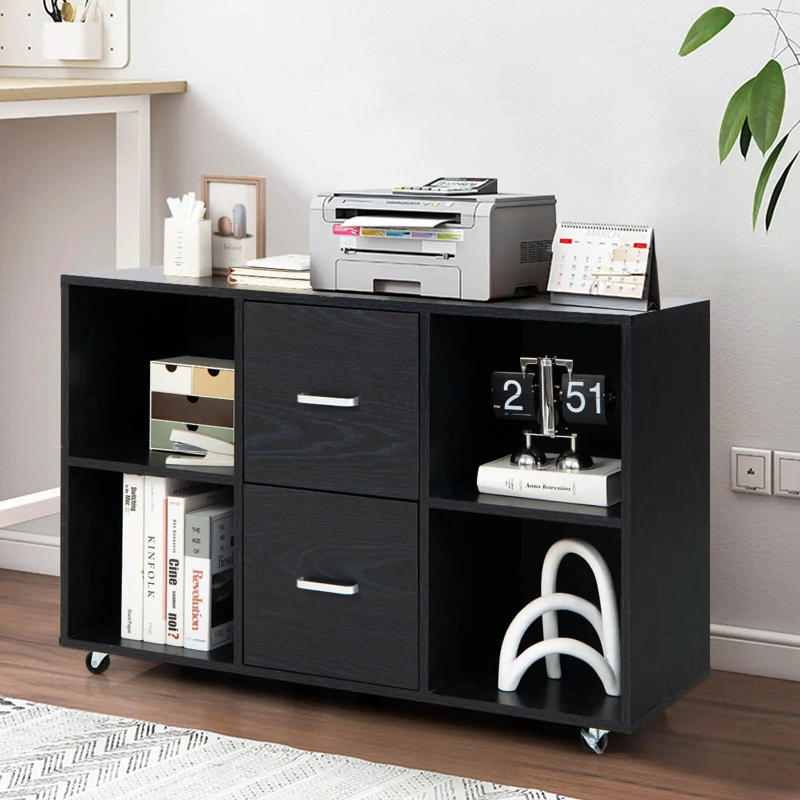 2 Drawer Wood Mobile File Cabinet with 4 Open Compartments-Black by DirectDeals