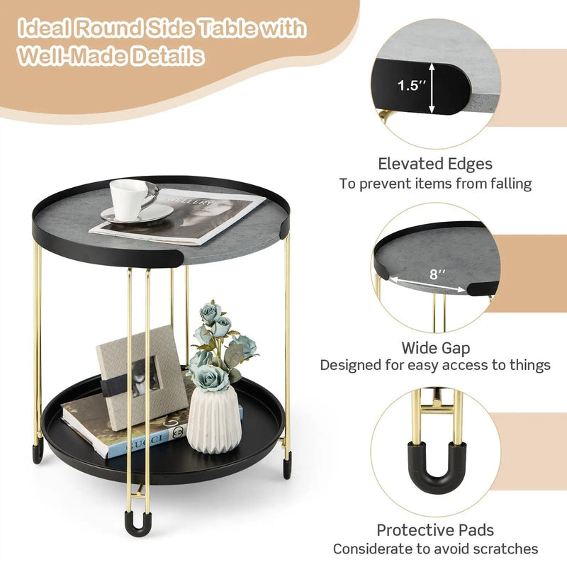 2-Tier Round Side Table with Removable Tray and Metal Frame for Small Space-Golden by DirectDeals
