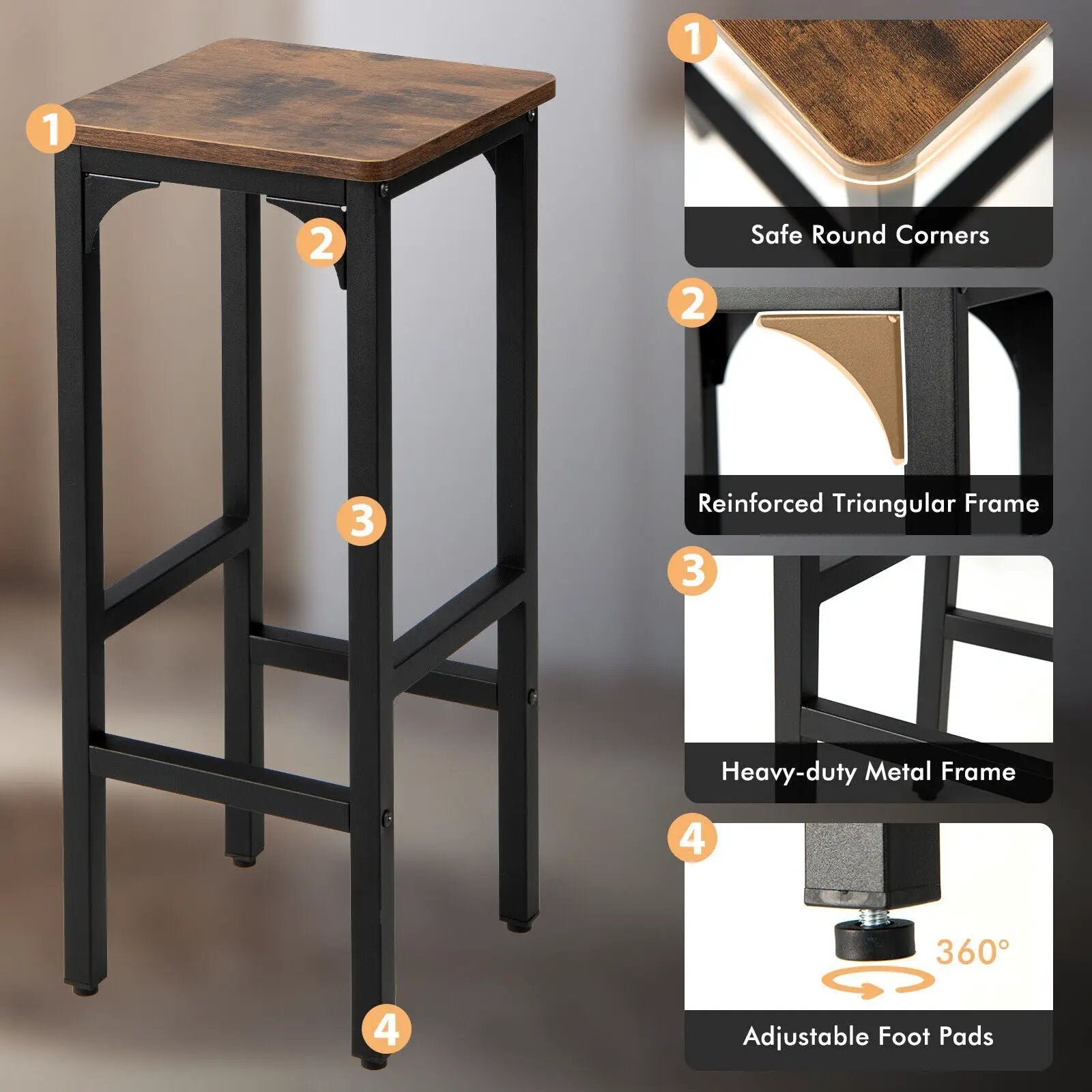 2 Pieces 28 Inch Dining Bar Chair Set with Footrest and Adjustable Pads-Rustic Brown by DirectDeals