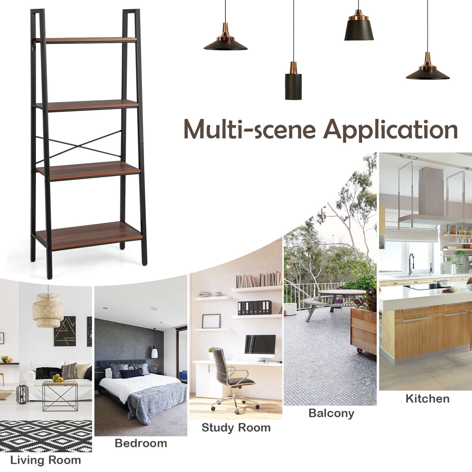 4-Tier Freestanding Open Bookshelf with Metal Frame and Anti-toppling Device-Rustic Brown by DirectDeals